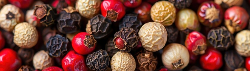 A bunch of different colored peppers are piled on top of each other. The peppers are of various sizes and colors, including red, yellow, and brown. Concept of abundance and variety