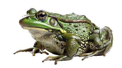 Fototapeta premium Close-up of a green frog with detailed texture against a white background, showcasing its natural beauty and unique features.