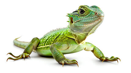 Green iguana on white background, showcasing vibrant colors, detailed textures, and natural pose. Perfect for wildlife and nature themes.