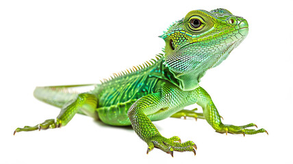 Fototapeta premium Close-up of a vibrant green lizard with detailed scales and spines, isolated against a white background.