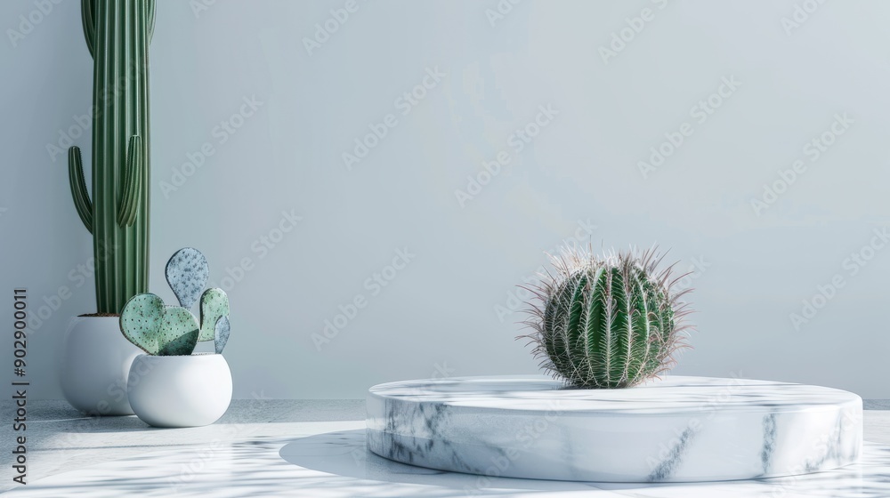 Poster a minimalistic scene of marble podium display with natural cactus. showcase for the presentation of 