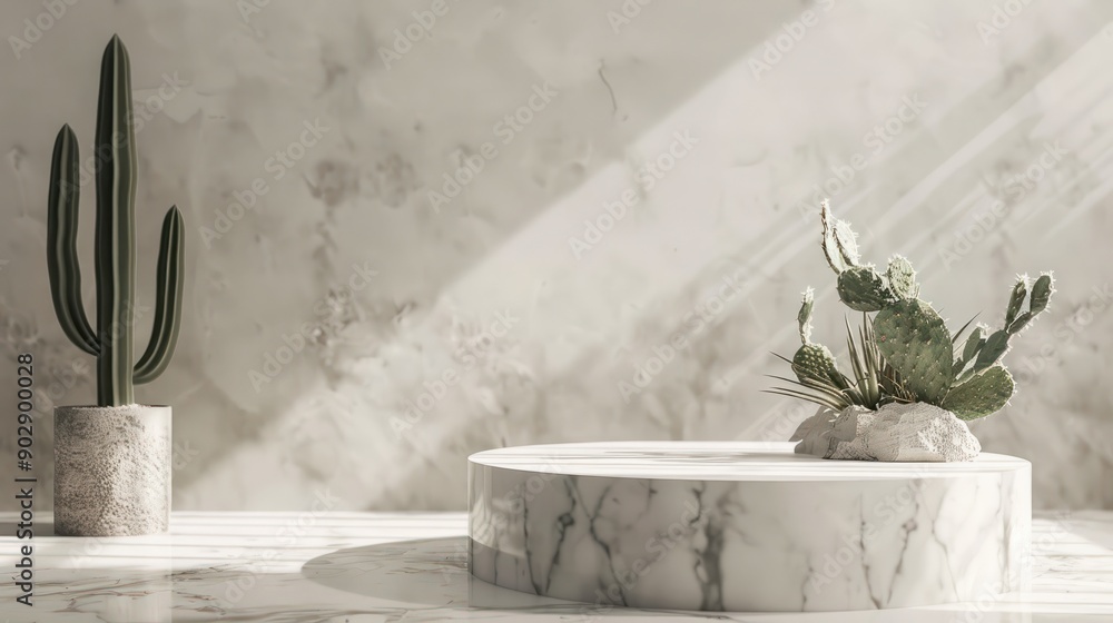 Poster a minimalistic scene of marble podium display with natural cactus. showcase for the presentation of 
