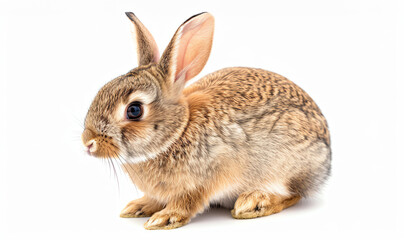 Fototapeta premium Adorable baby rabbit with soft fur and big eyes sitting against a white background, perfect for nature and animal-themed projects.