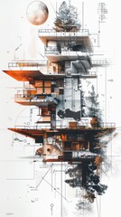 Architectural Concept Design Featuring Multi-Level Structure With Natural Elements in Abstract Visualization