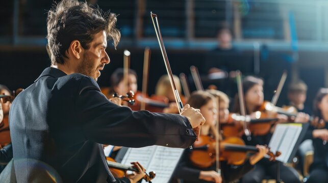 A music teacher conducting a multiethnic school orchestra during rehearsal, capturing the dynamic interaction between the teacher and the young musicians
