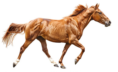 Naklejka premium A majestic brown horse galloping with full speed, showcasing strength and elegance against a plain white background.