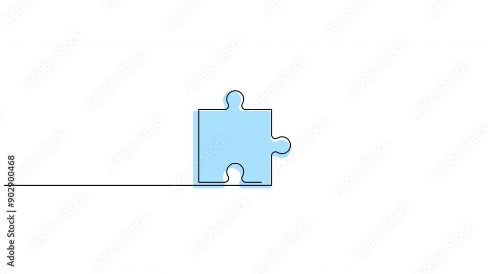 Poster self drawing animation of puzzle piece drawn with one continuous line. jigsaw puzzle element.