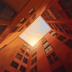 Sunlight Filtering Through Urban Courtyard Surrounded by Red Walls at Dusk