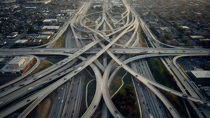Aerial view of a complex highway interchange with multiple overpasses and roads.