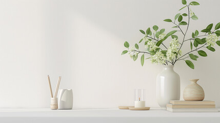Minimalist home decor with vases and greenery on a white surface.