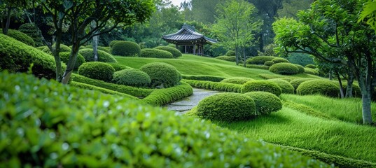 Japanese green park garden. Generative AI technology.