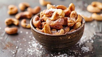 Obraz premium Rustic bowl of homemade roasted salted cashews, with a sprinkle of sea salt, ideal for a healthy snack feature