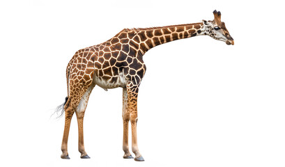 Naklejka premium A captivating giraffe standing tall against a white background, perfectly capturing its elegance and unique patterns.