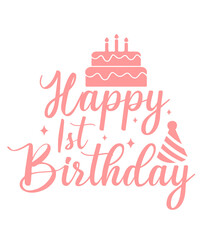Happy 1st Birthday typography design on plain white transparent isolated background for card, shirt, hoodie, sweatshirt, apparel, tag, mug, icon, poster or badge