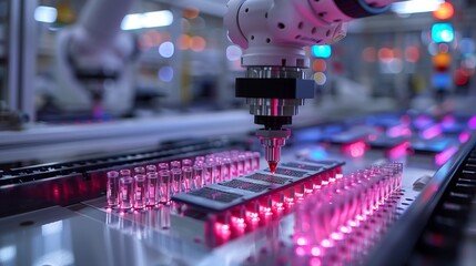 A robotic arm fills vials with a liquid on a production line. The vials are illuminated with a pink light.
