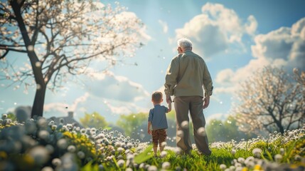 A senior grandfather and toddler grandson are standing in nature in spring.