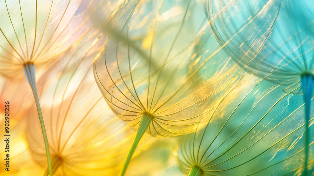 Poster close-up of colorful dandelion seeds with a soft focus background.