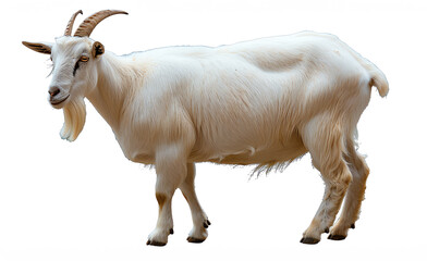 Fototapeta premium White goat with horns standing on a white background, showcasing its distinct features and natural beauty.