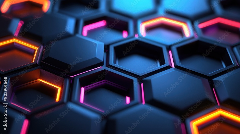 Poster abstract hexagon pattern with neon lights