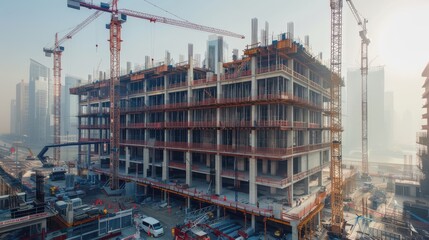 Construction Activity on a Large Urban Building in Progress During Early Morning Hours