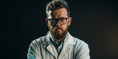 Obraz premium A surprised bearded man wearing glasses and a white lab coat stands against a plain background, conveying a sense of shock or discovery
