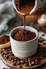 A white bowl filled with chocolate powder and a stream of chocolate pouring into it. The bowl is on a wooden tray