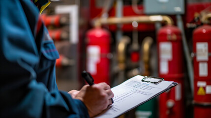A person in a safety vest writing on a clipboard in front of fire extinguishers.