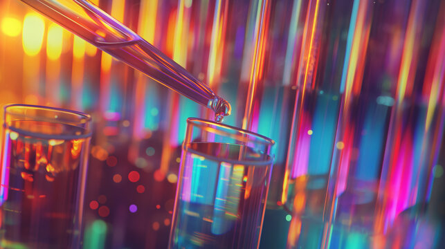 A pipette dropping liquid into test tubes with colorful lighting.