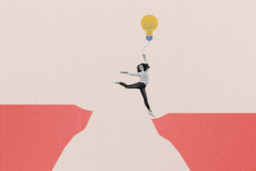 Composite photo collage of happy girl jump mountain hill hold air balloon string balloon imitation...