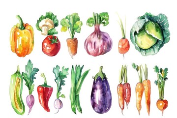 Healthy Green Vegetable Mix. Watercolor Hand-Drawn Illustration of Fresh Organic Vegetables for a Balanced Diet