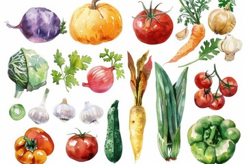 Healthy Veggie Delight: Onion, Garlic, and Red Chili Pepper Watercolor Still Life Composition