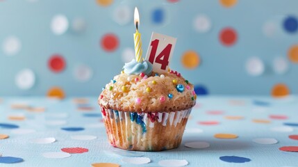 Celebratory birthday muffin topped with candles number 14 and anniversary card on blue polka dot backdrop