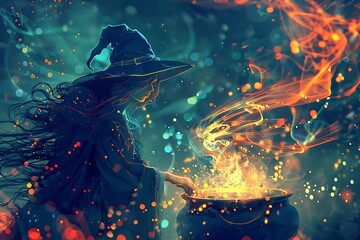Fototapeta premium Witch Brewing Potion in a Cauldron with Sparkling Magic