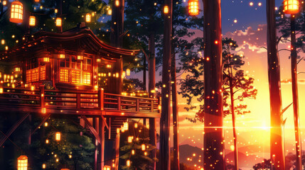 Serene evening scene of a traditional wooden house surrounded by tall trees, illuminated lanterns, and a beautiful sunset backdrop