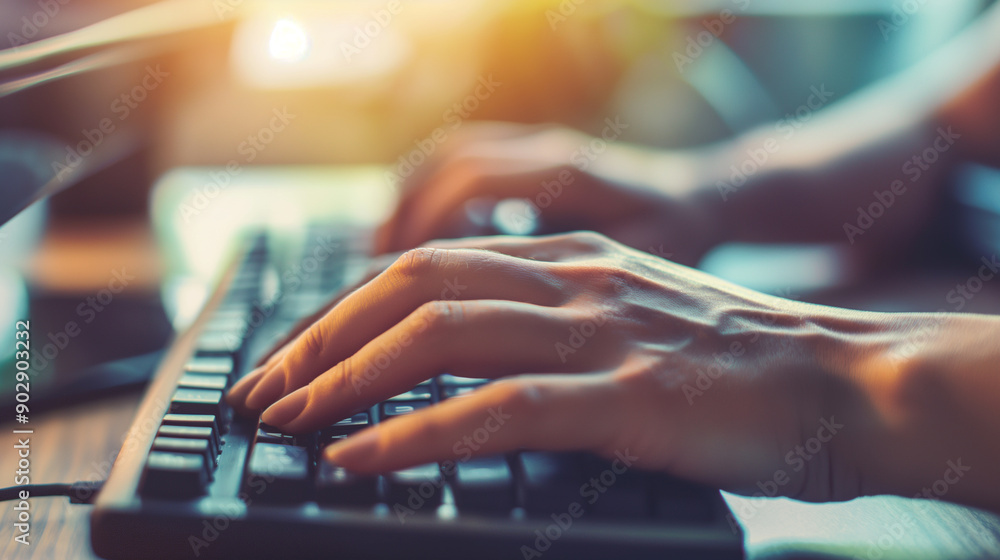 Poster close-up of hands typing on a keyboard with warm lighting.
