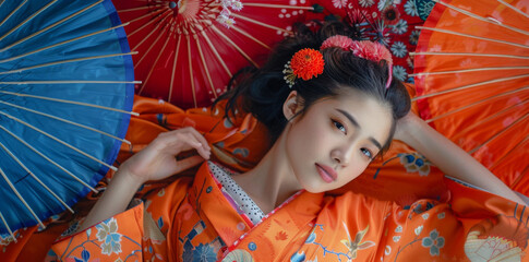 attractive asian woman wearing traditional Japanese kimono