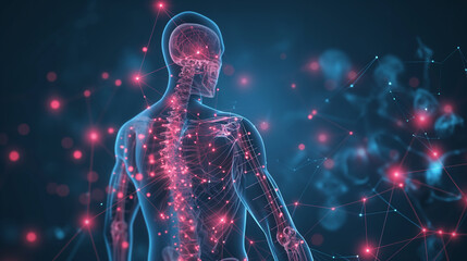 A digital illustration of a human skeleton with glowing red joints and a bokeh background.