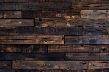  a close-up of a wooden wall made of various dark brown, textured wooden planks arranged in a horizontal pattern