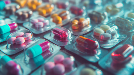 Various colorful blister packs of pills and capsules.