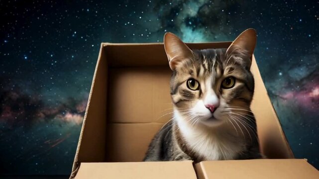 Schr&ouml;dinger's Cat in a Cardboard Box with a Galaxy Background, quantum superposition