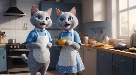 playful kitchen animation with cats busy cooking