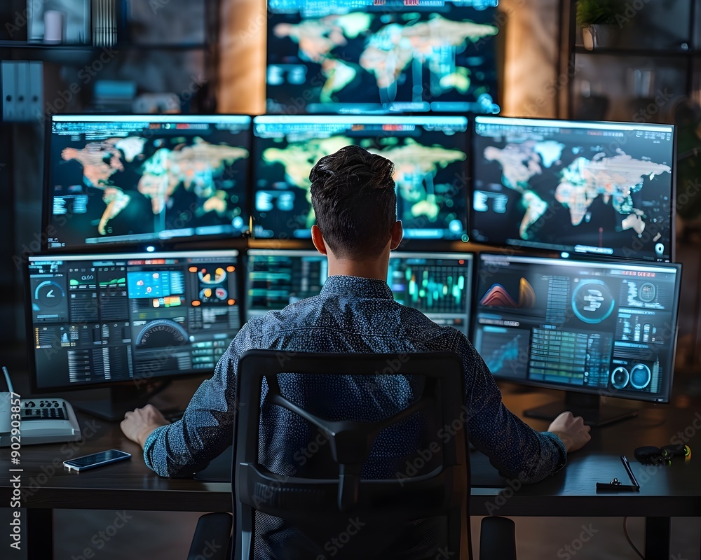 Poster efficient businessperson monitors multiple screens for productive data analysis and decision making