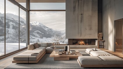 Modern Alpine Living Room with Panoramic Mountain View and Cozy Fireplace