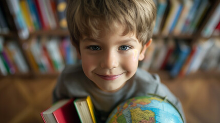 Elementary School Student with Globe and Books. Ideal for Educational Promotions, Learning Campaigns, and Child Development. Perfect for School Supplies, Geography, and Young Student Imagery.