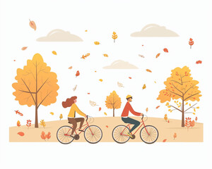 Happy couple riding bicycles in the autumn park. Seasonal illustration