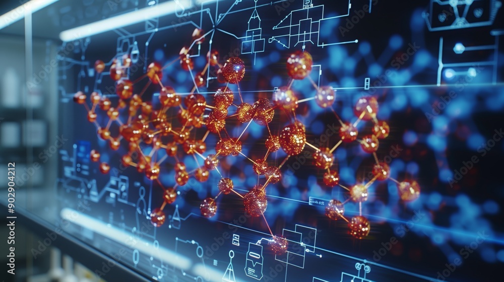 Poster a detailed digital molecular model is shown on screen, with the camera gradually zooming in to revea