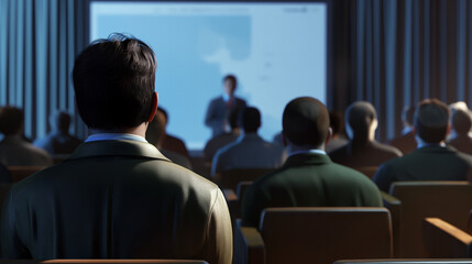 Obraz premium Audience attending a conference with a speaker presenting.