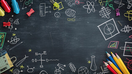 Colorful school supplies and doodles on a blackboard.