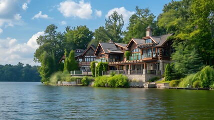Obraz premium Lakefront luxury property on sunny day of summer