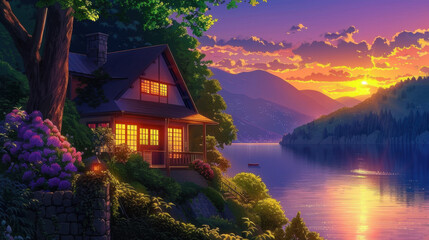 Fototapeta premium Serene lakeside house at sunset surrounded by lush greenery and vibrant flowers, reflecting warm colors on calm water
